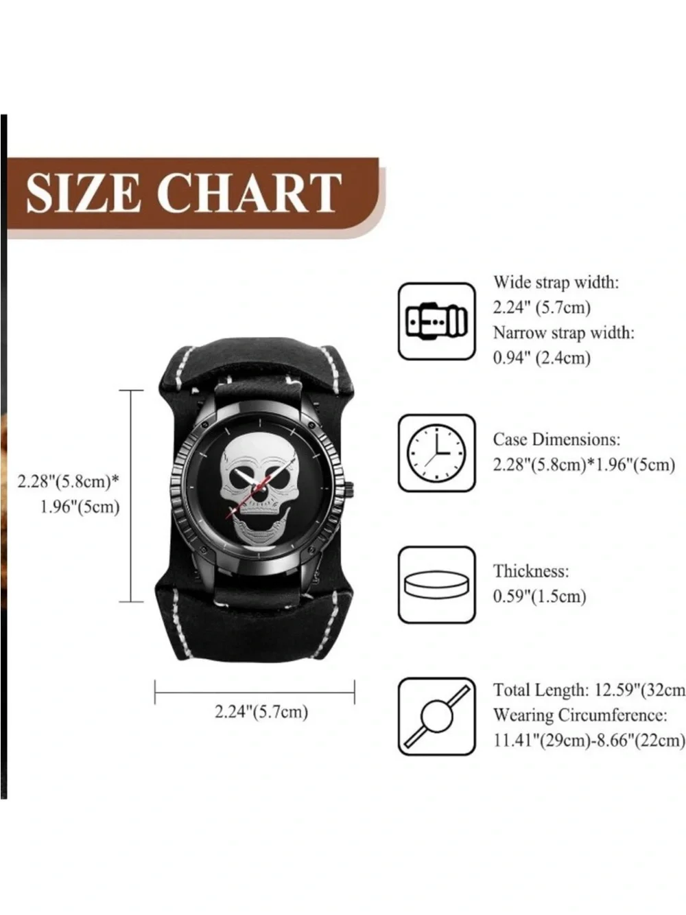 Men's Black Analog Quartz Steampunk Leather Gothic Skull Wide Cuff Wrist Watch